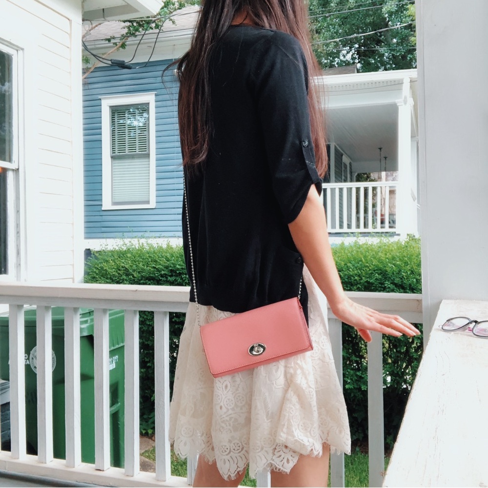 COACH Crossgrain Leather Slim Chain Wallet Turnlock Crossbody Pink